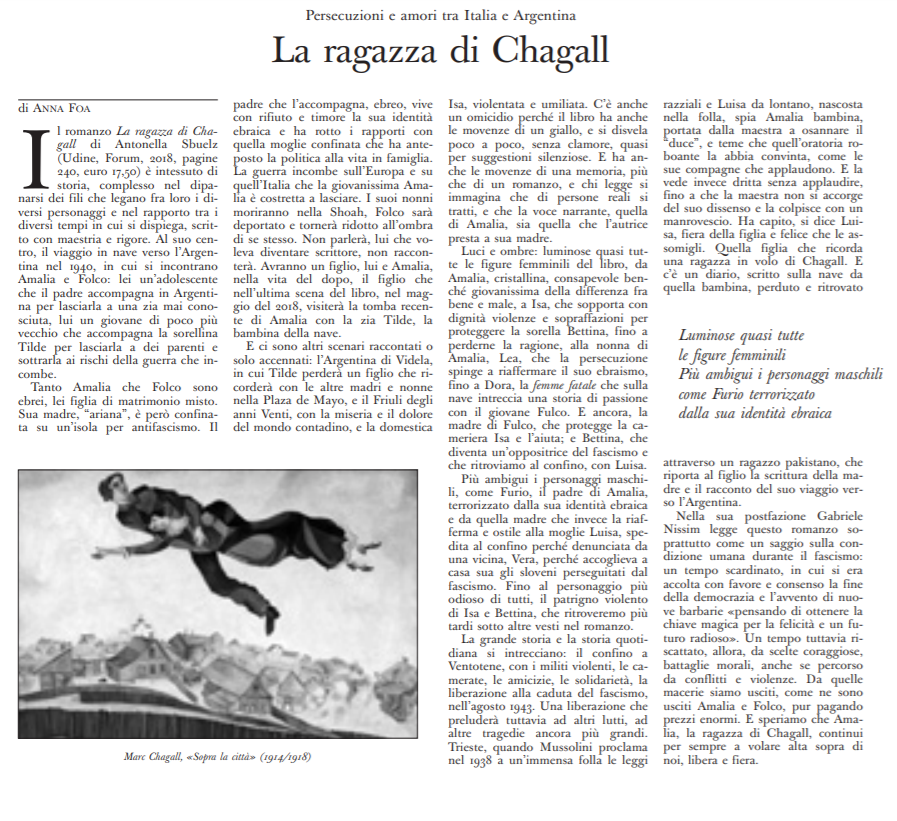 “Persecuzioni e amori fra Italia a Argentina”:   “La ragazza di Chagall” nella recensione di Anna Foa per L’Osservatore Romano .